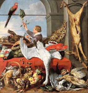 Interior de um escritório, ou ainda vida com jogo, aves e frutas, c.1635